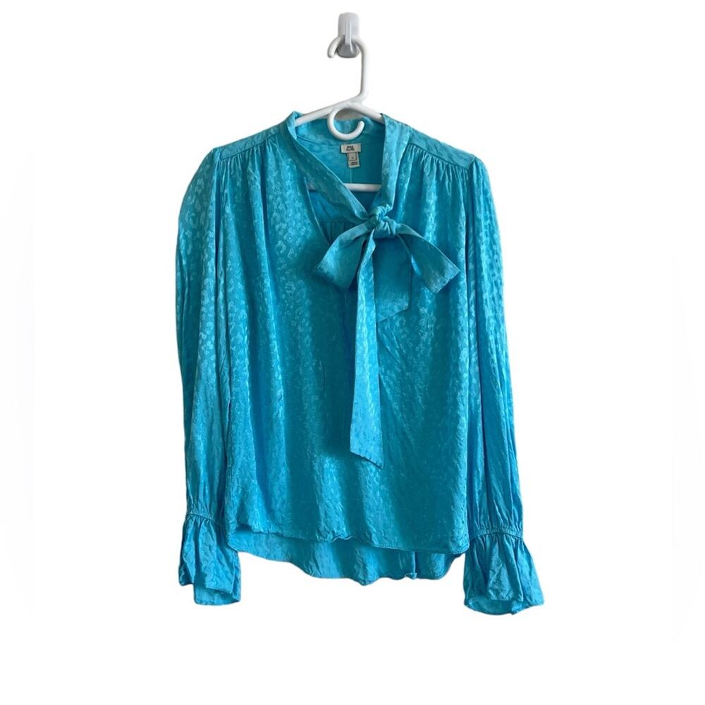 River‎ Island Top Women L Blue Animal Print Tie Neck Classic Long Sleeve Spring